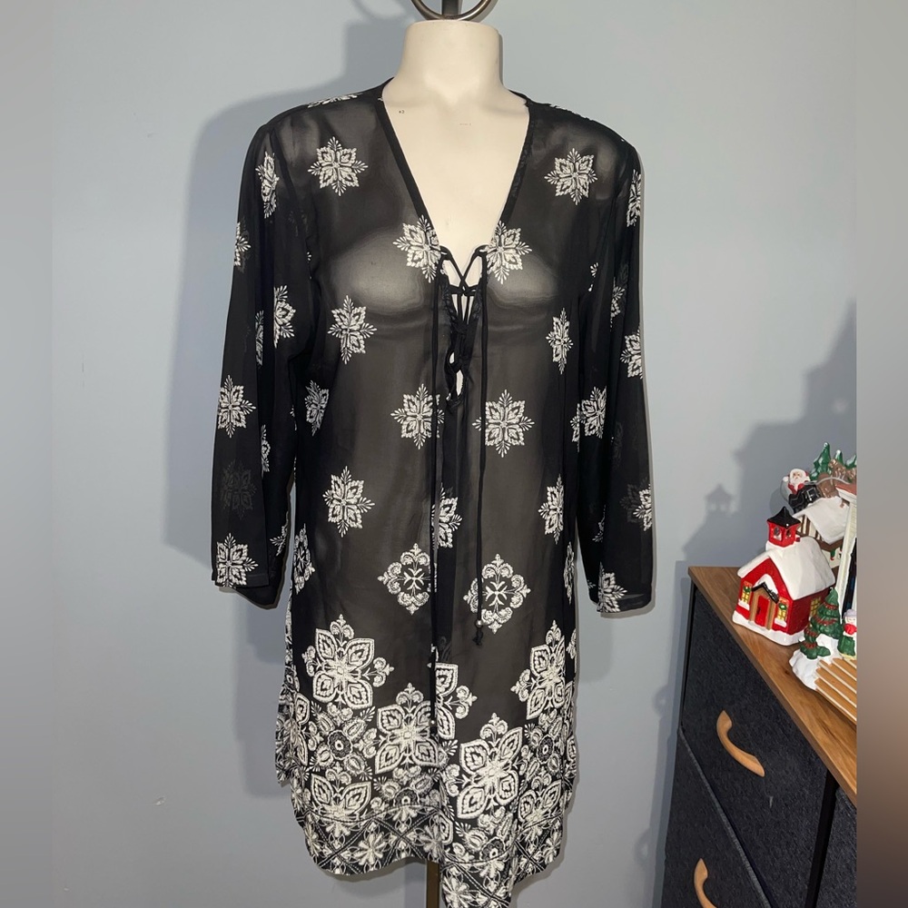 Ana Black Sheer Cover-Up with White Floral Design dress beach pool size Large